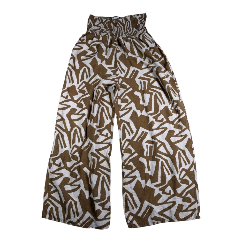 Iris Womens Brown White Abstract Geometric Smocked Wide Leg Palazzo Pants Small